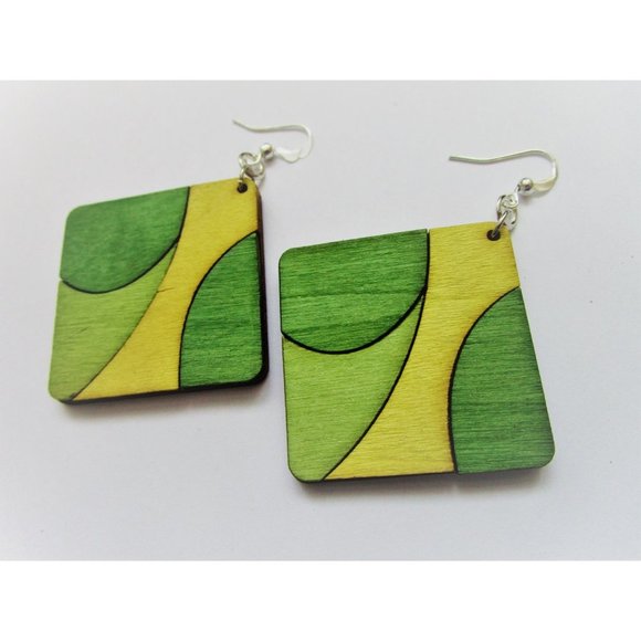 Green, yellow and khaki square wooden earring hobo earring - stainless steel - Picture 6 of 6